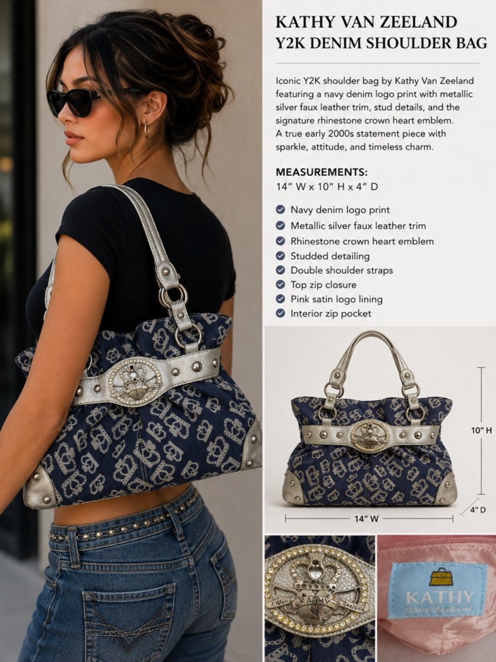 Kathy Van Zeeland Navy Denim Shoulder Bag with Silver Accents